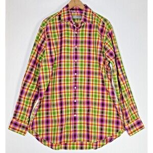 Etro Shirt Mens 44 Large Green Plaid Italy Designer Luxury Cotton Button Up